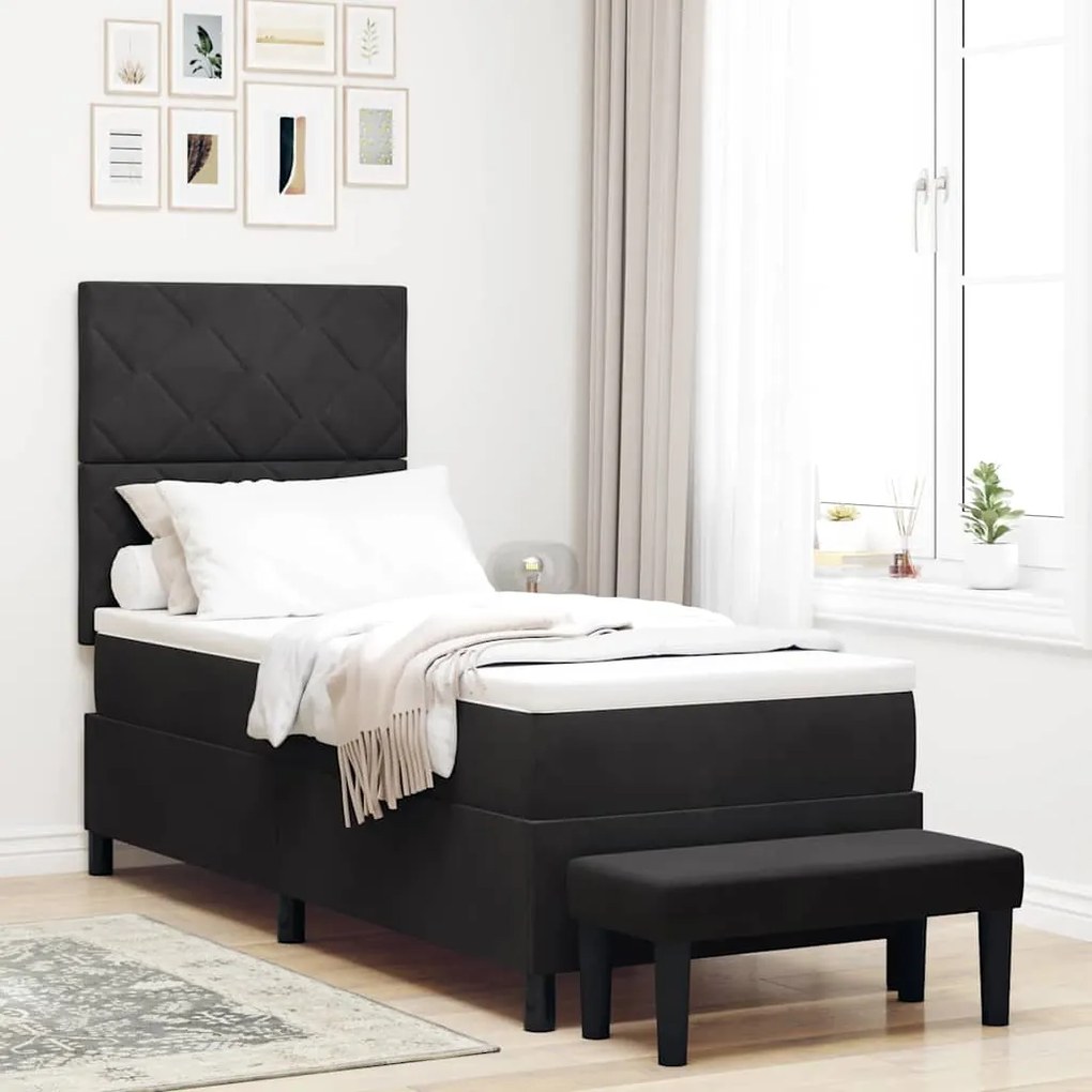 Cama Box Spring com Colchão &amp; Banco Preto 80x200 cm Veludo
