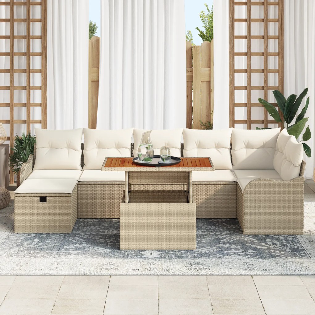Conjunto de Sofá de Jardim de 8 Peças com Almofadas Bege Rattan Poliés