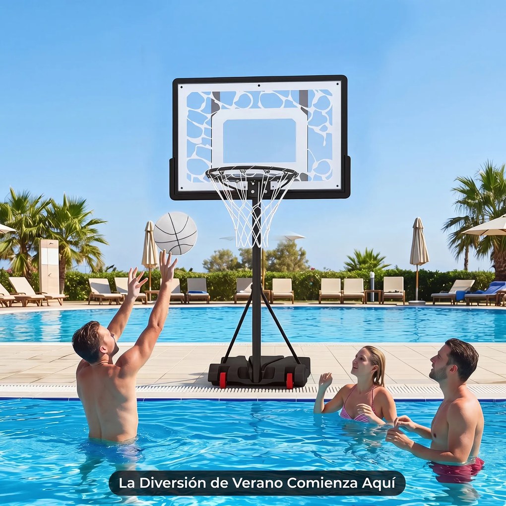 Cesto de Basquetebol para Piscina, 74,5 x 54 x 197 cm, 8 Alturas Ajustáveis, Preto