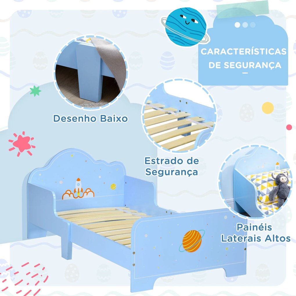 Cama para Crianças de 3-6 Anos 143x74x59cm Cama Infantil de Madeira com Barreiras de Proteção Carga Máxima 80kg Azul