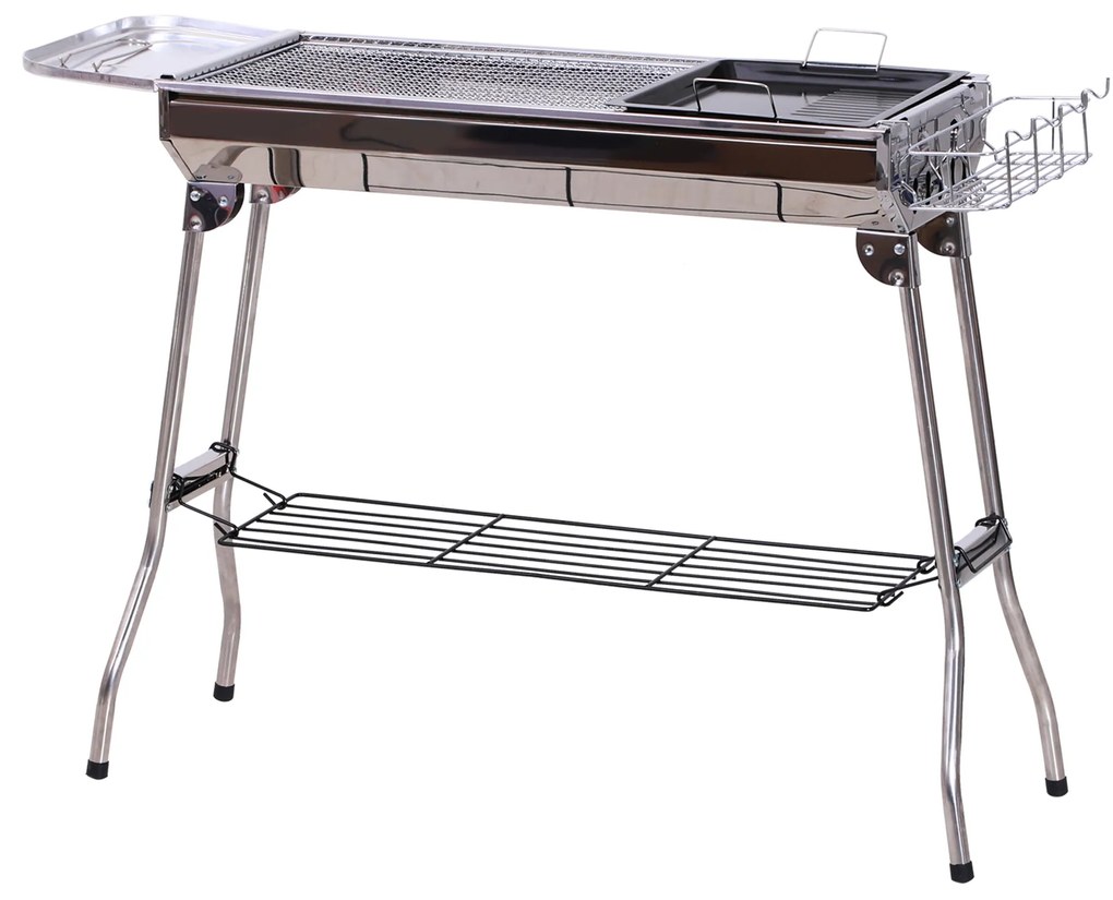Outsunny Barbecue a Carvão Portátil Barbecue a Carvão Dobrável com Prateleiras de Armazenamento para Jardim Exterior Campismo 104x33x70 cm Prata