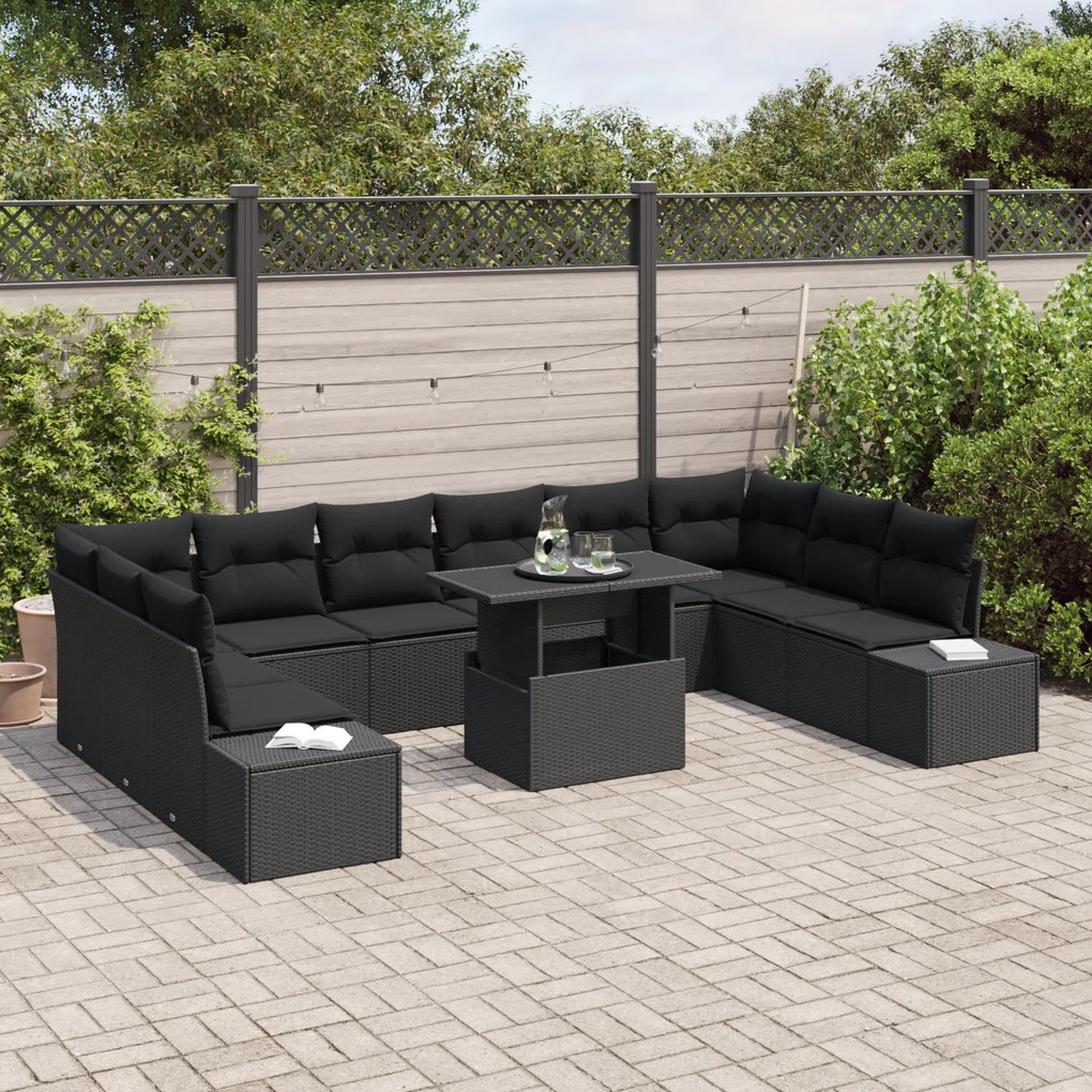 Conjunto de Sofá de Jardim de 11 Peças com Almofadas Preto em Ratan Si