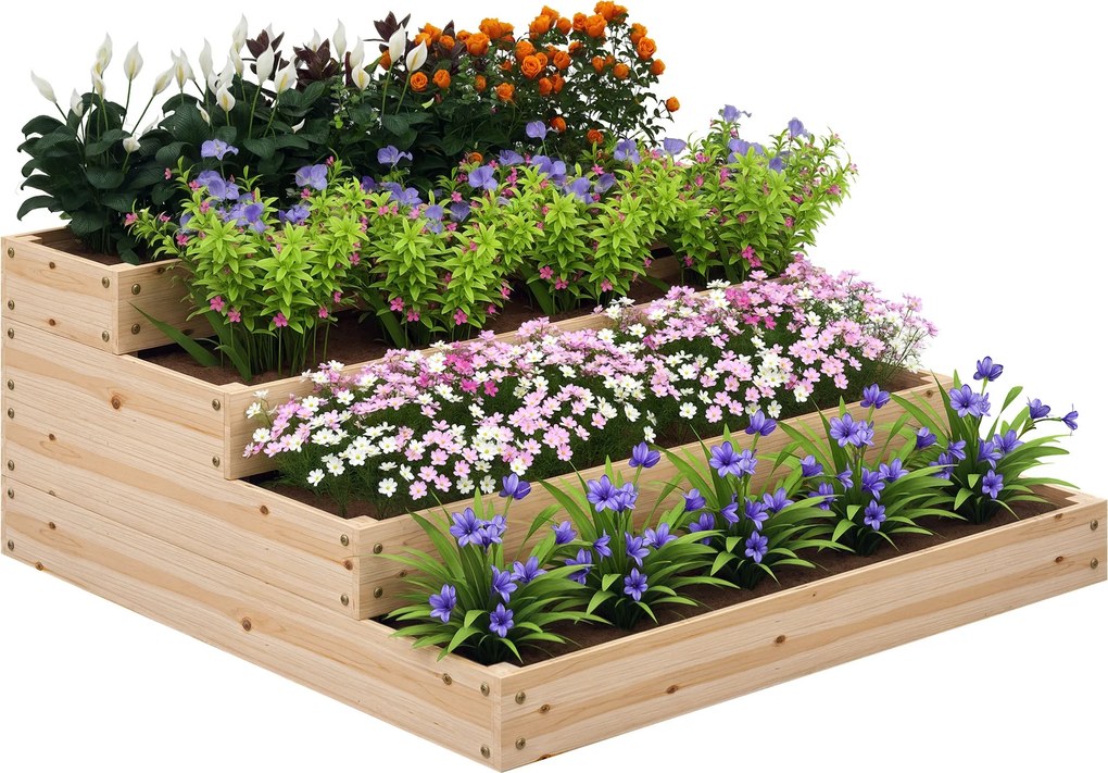Floreira de jardim quadrada sem fundo 113 x 113 x 46 cm, com 4 níveis, para ervas aromáticas, legumes, frutas e flores, cor natural