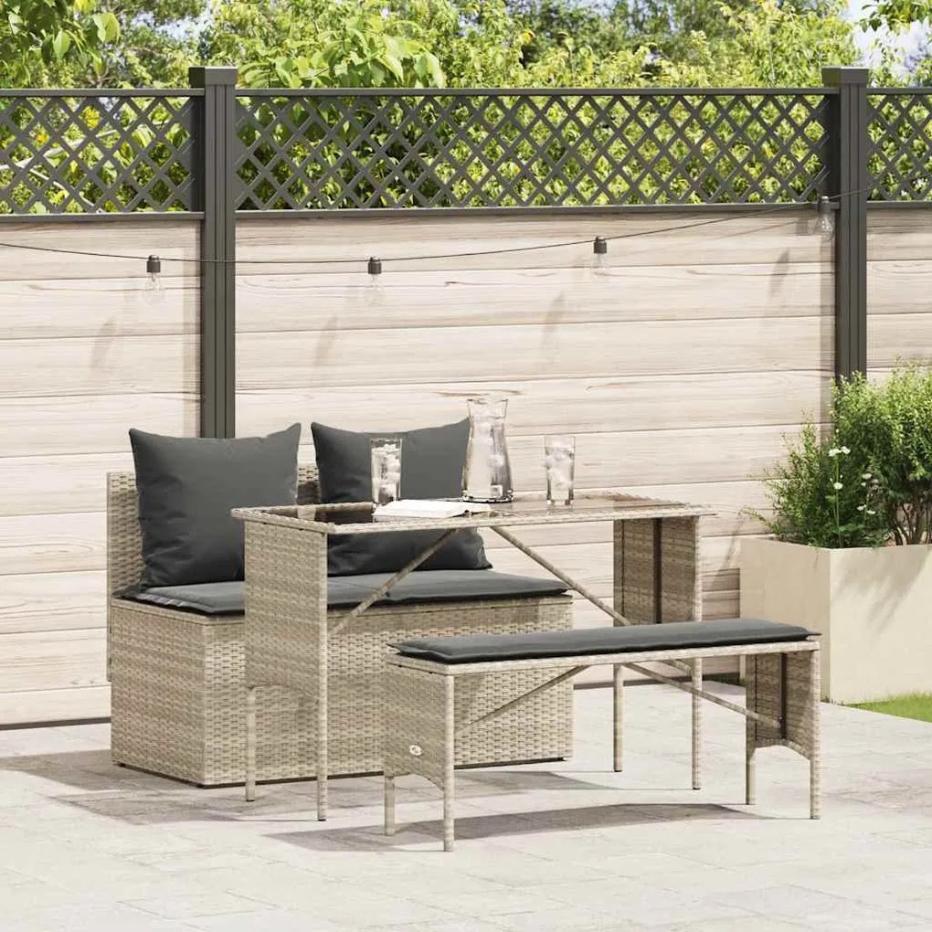 vidaXL 3 pcs conjunto de jantar p/ jardim c/ almofadões cinzento claro
