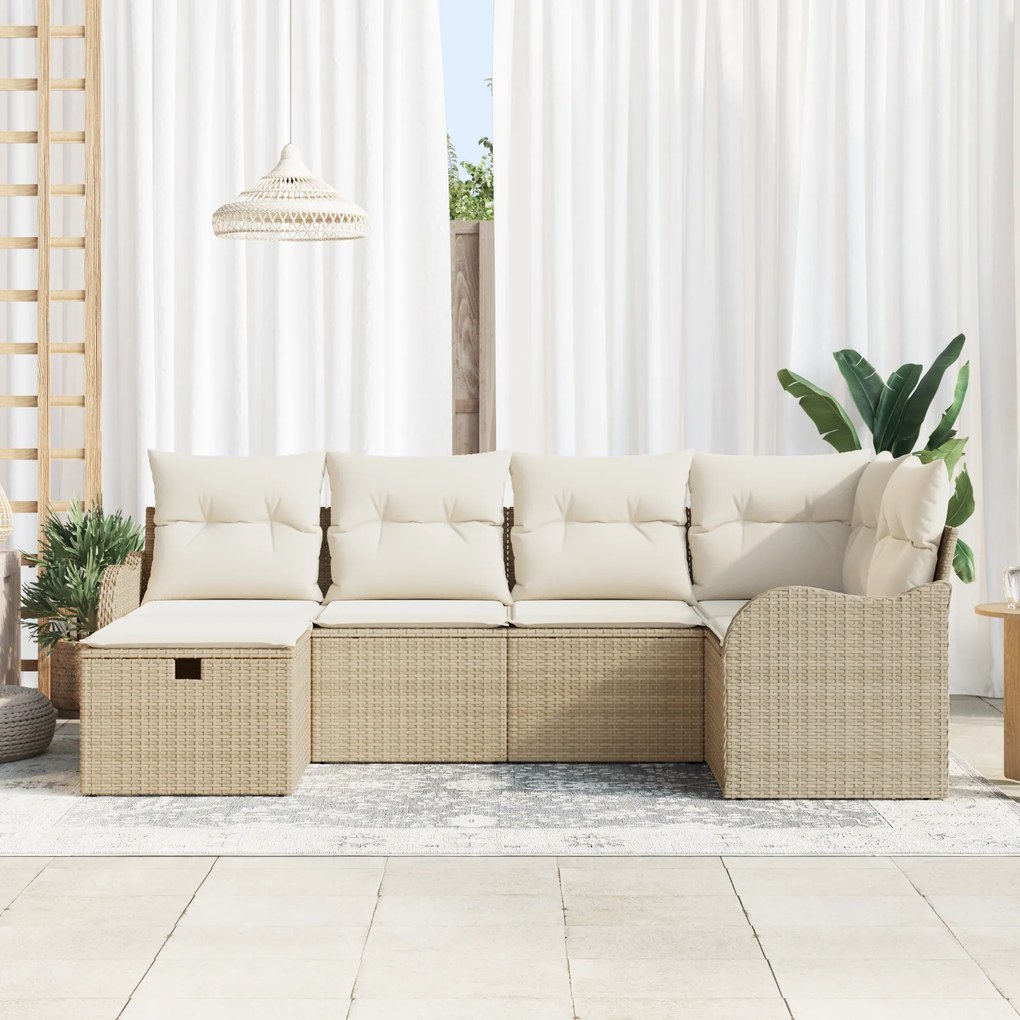 Conjunto de Sofá de Jardim vidaXL 6 Peças com Almofadas Bege Rattan Po