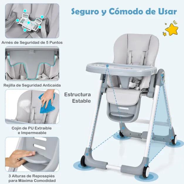 Cadeira alta para bebés Cadeira alta para crianças com 4 rodas Travão de um passo Bandeja dupla amovível Almofada em PU Encosto ajustável Altura ajust