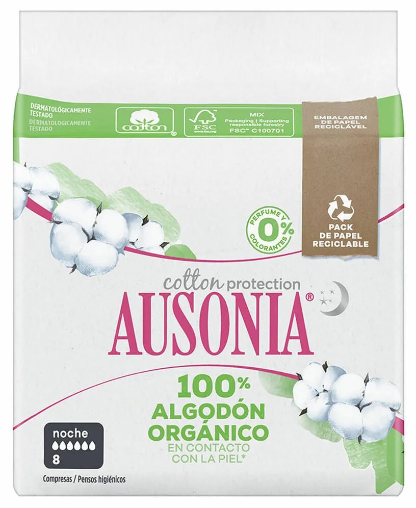 Pensos Higiénicos com Alas para a Noite Ausonia   8 Unidades