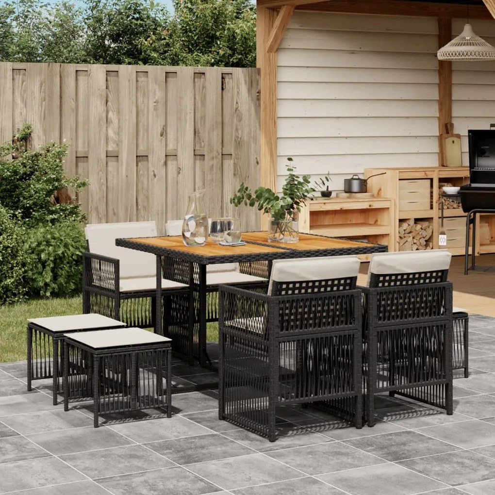 9 pcs conjunto de jantar p/ jardim c/ almofadões vime PE preto
