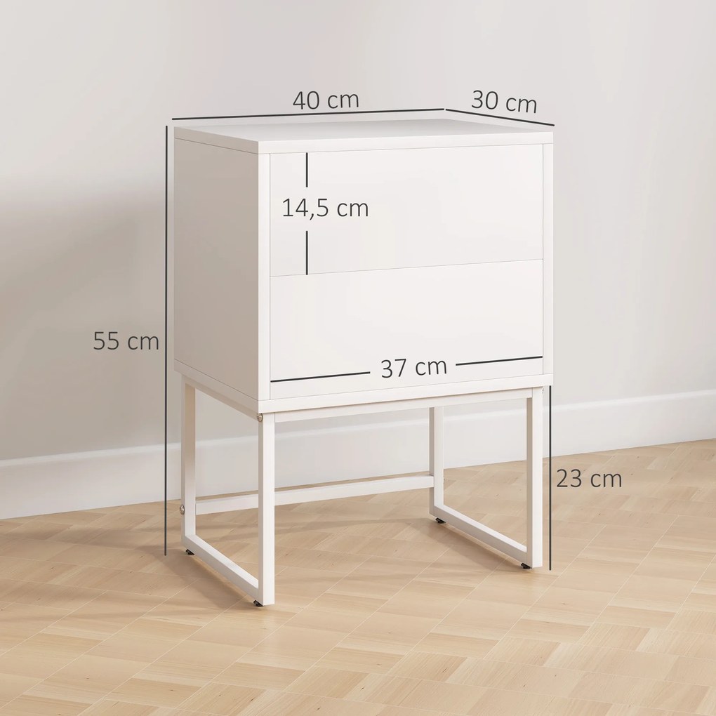 Conjunto de 2 Mesas de Cabeceira Estreitas Mesas de Cabeceira Quarto com 2 Gavetas Abertura por Pressão 40x30x55 cm Branco