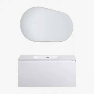Conjunto De Móvel De Casa De Banho Suspenso Em Madeira Com Lavatório Integrado Macrae Branco & Oval Led E Anti-embaciamento 100x80 Cm Riben & Sem Torn