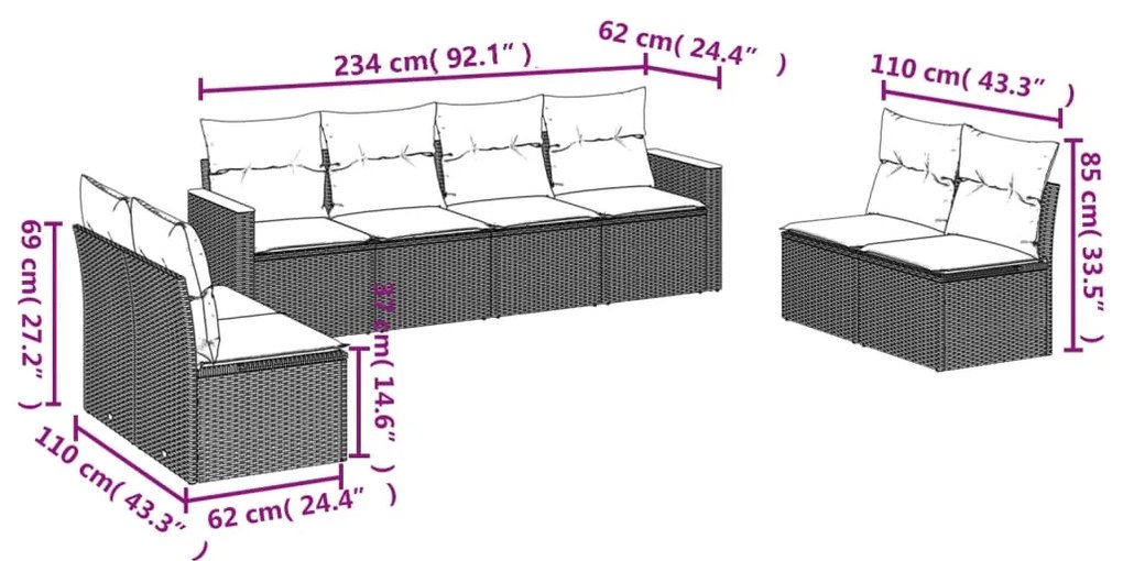 8 pcs conjunto de sofás p/ jardim com almofadões vime PE bege