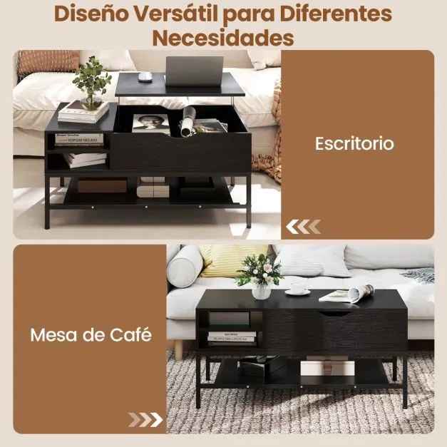 Mesa de centro elevável 99,5 x 49,5 x 47,5 cm com compartimento oculto com prateleira de armazenamento elevável Preta