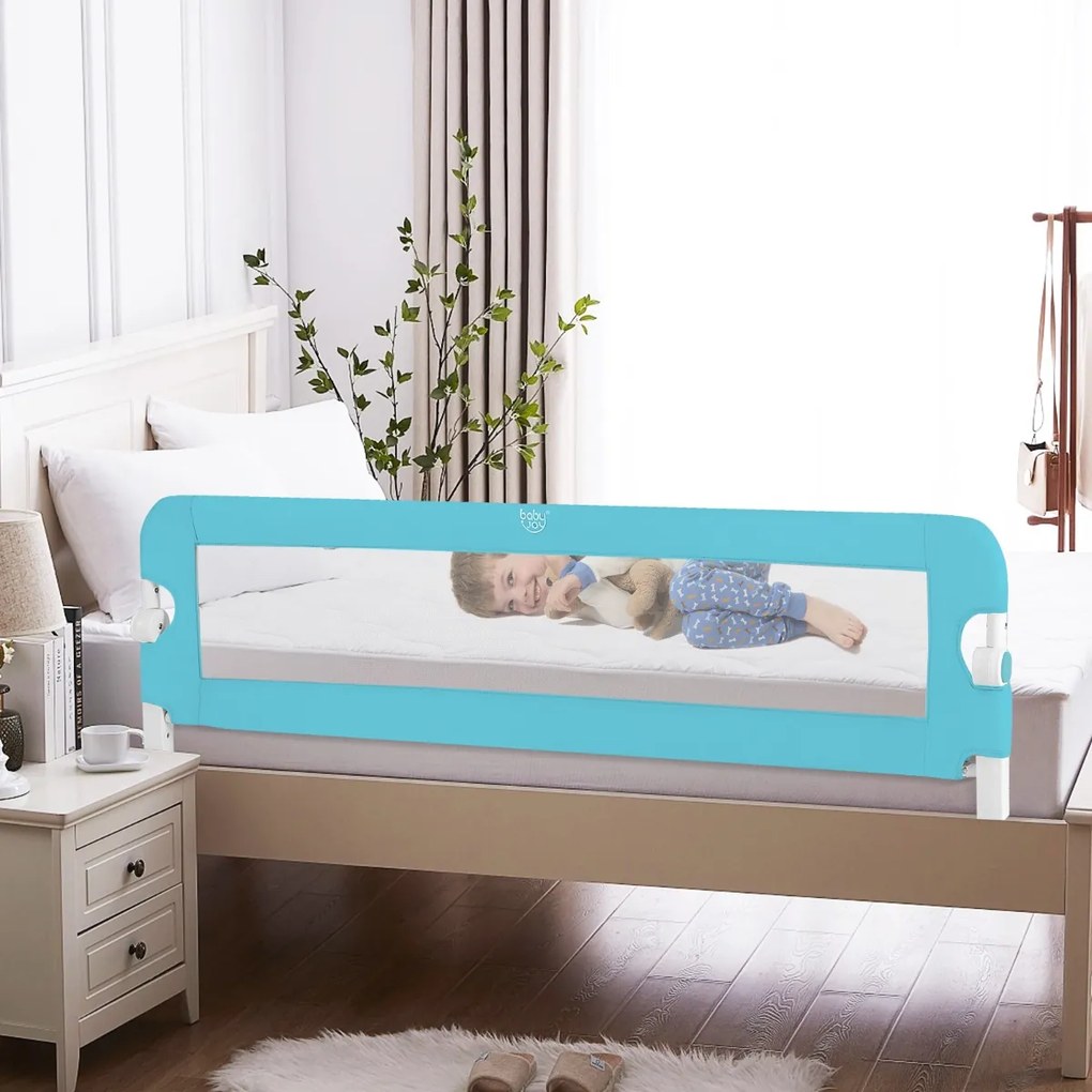 Barra proteção cama bebés Grade lateral dobrável de algodão com manga de tecido removível e lavável 150 x 40,5 x 42 cm Azul