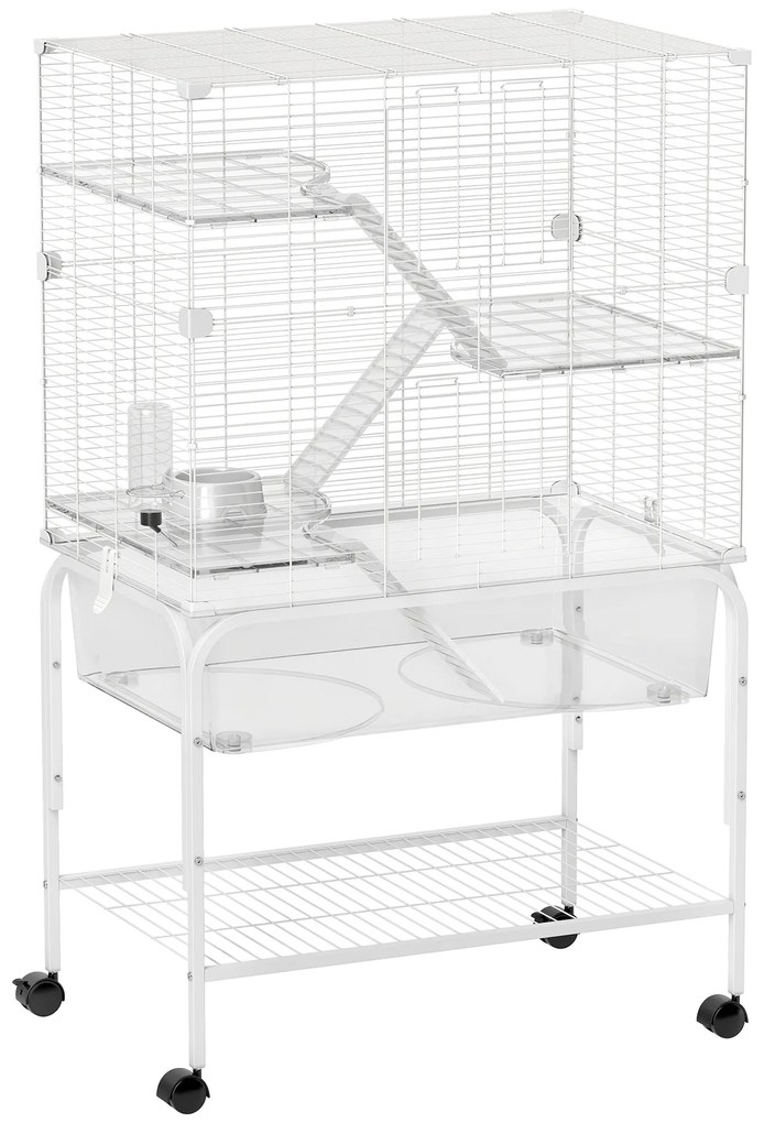 PawHut Gaiola para Pequenos Animais de 4 Níveis com Bandeja Inferior Rodas Rampas Comedouro e Bebedouro 73x47x123 cm Branco | Aosom Portugal