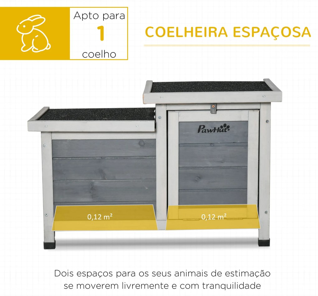 PawHut Coelheira de Madeira de Exterior Casa Elevada para Coelhos Roedores com Tetos Asfálticos Abatível e 2 Portas Convertíveis em Rampas 70x43x45cm Cinza