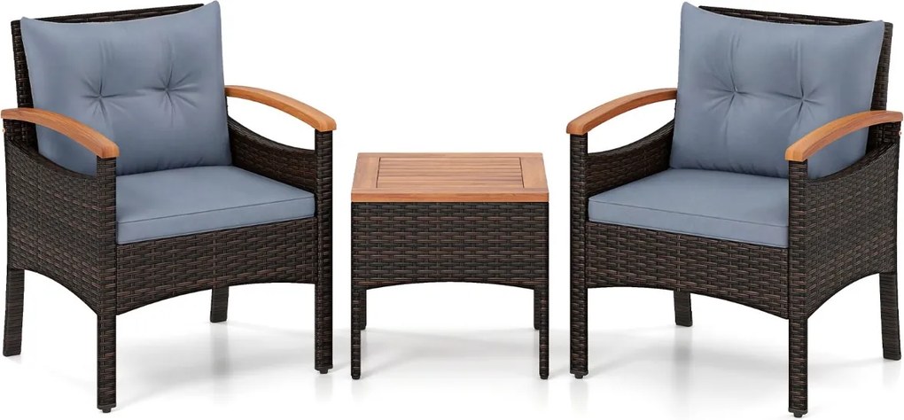 Conjunto de 3 peças para jardim em vime e rattan, com cadeiras com braços, mesa auxiliar em madeira de acácia e almofadas em castanho misturado e cinz