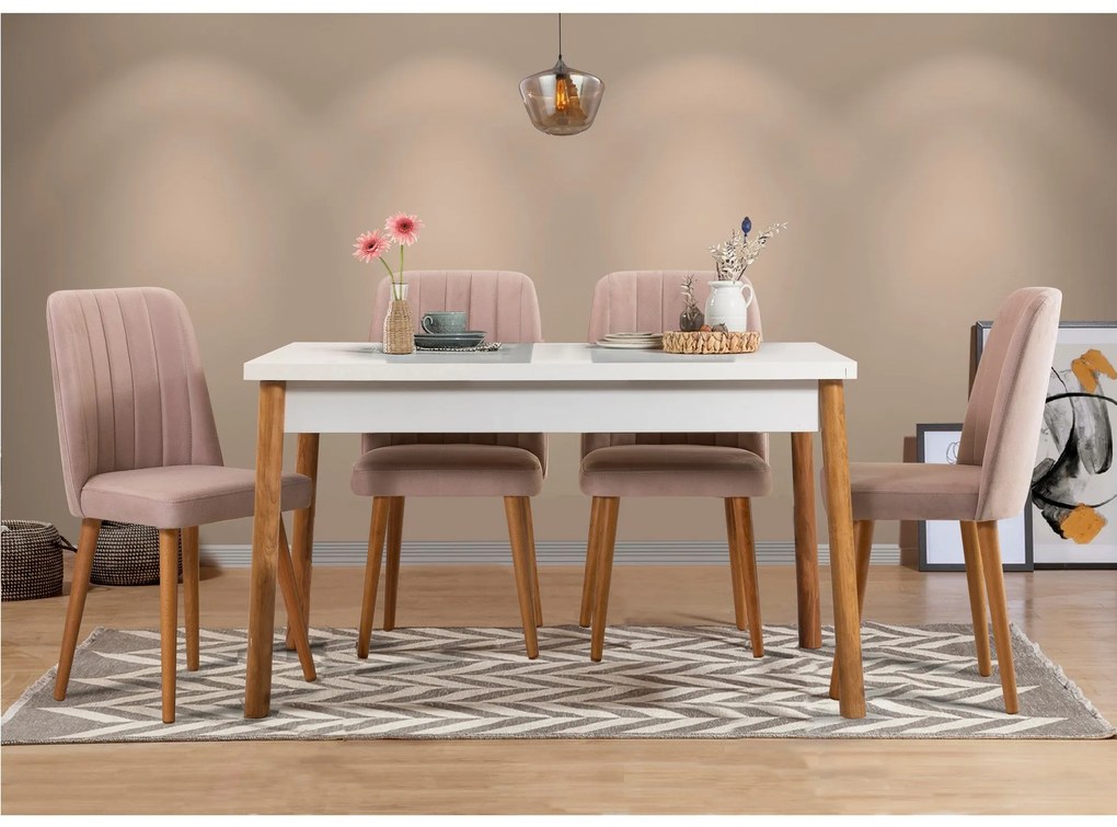 Conjunto de Mesa e Cadeiras Costa – Pinho Atlântico, Branco, Pedra – M