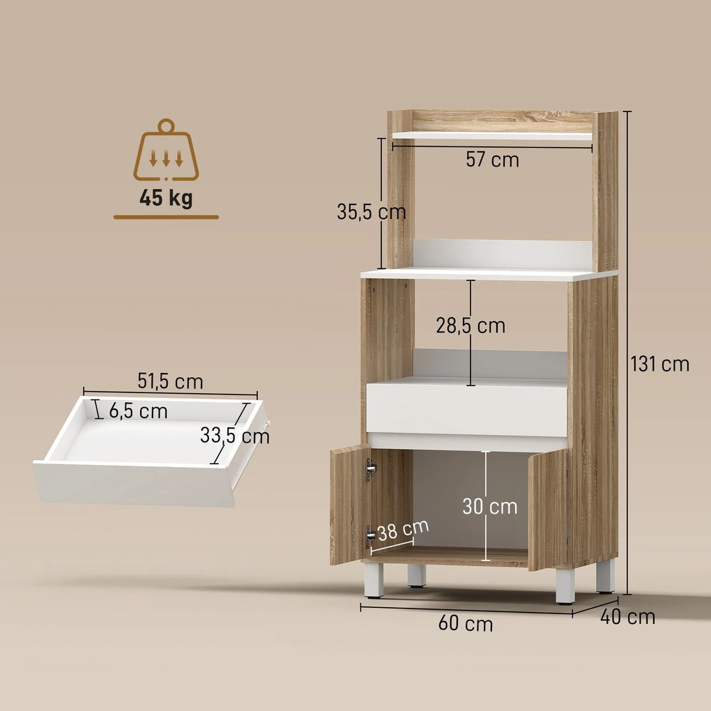 Móvel para micro-ondas 60 (L) x 40 (P) x 131 (A) cm, aparador de cozinha com gaveta, 2 portas com fecho suave, bancada e prateleiras abertas, cor carv