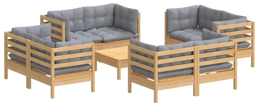 9 pcs conjunto lounge de jardim c/ almofadões cinzentos pinho