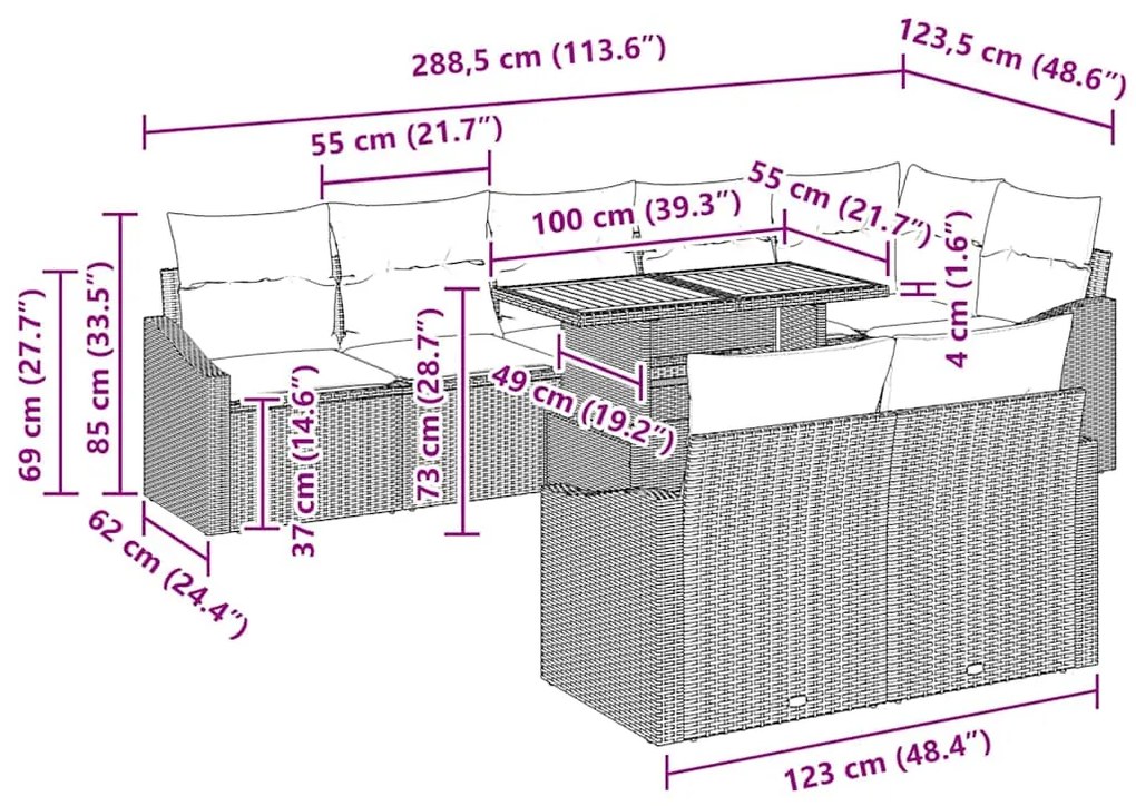 Conjunto de Jantar para o Jardim com 9 Peças e Almofadas em Rattan Sin