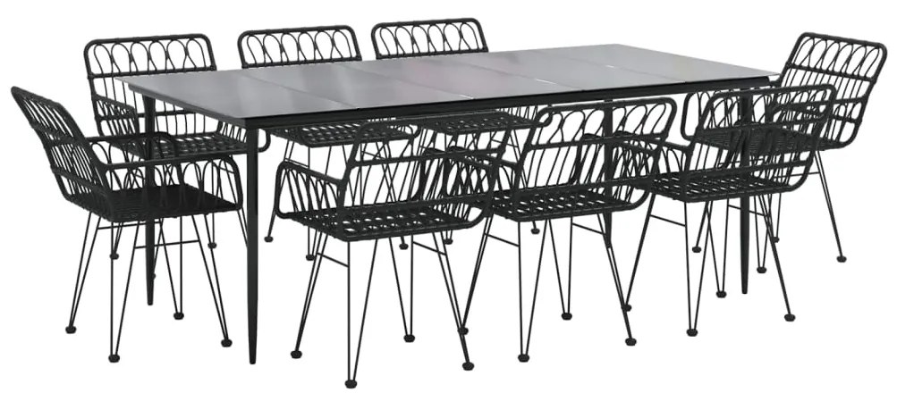 9 pcs conjunto de jantar para jardim vime PE preto