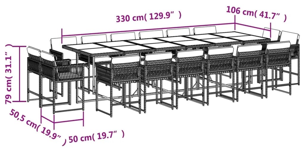 17 pcs conjunto de jantar p/ jardim c/ almofadões vime PE bege