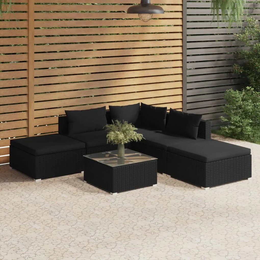 vidaXL 6 pcs conjunto lounge de jardim c/ almofadões vime PE preto