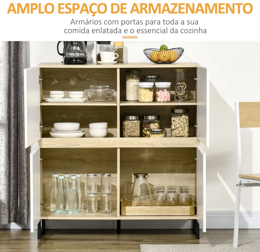 HOMCOM Aparador de Cozinha Moderno com 4 Compartimentos e Prateleiras Ajustáveis Móvel Auxiliar de Armazenamento para Sala de Jantar Sala de Estar 100x41,5x107cm Branco e Carvalho