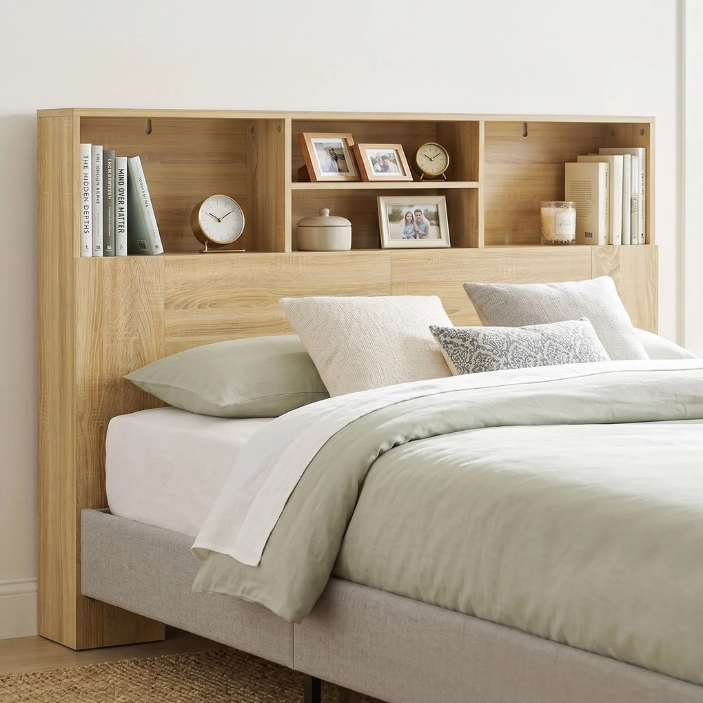 Cabeceira de Cama 140 cm com Arrumação e 4 Compartimentos Abertos, Carvalho