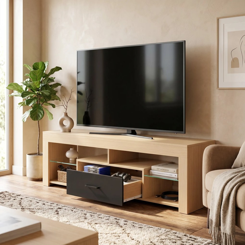 Móvel de TV 140 x 40 x 45 cm, móvel para televisor de 65 polegadas com prateleiras de vidro ajustáveis, gaveta e compartimentos abertos, cor carvalho