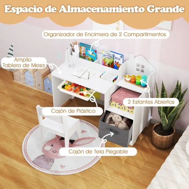 Conjunto de secretaria e cadeira de estudo para crianças com prateleiras abertas Gaveta e cesto de tecido branca