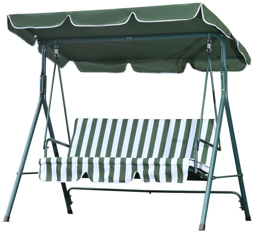 Outsunny Baloiço de Jardim de 3 Lugares com Almofada Toldo Ajustável e Estrutura de Metal para Balcão Terraço Patio Carga Máx. 200kg 172x110x153cm Verde e Branco