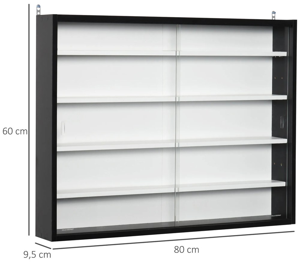 Vitrine de Parede de Madeira com Prateleiras Ajustáveis e 2 Portas Corredeiras de Vidro para Coleções Perfumes Bonecos de Decoração 80x9,5x60cm Preto