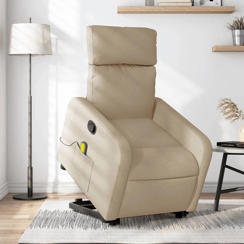 vidaXL Poltrona elevatória de massagens tecido cor creme