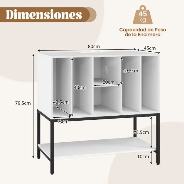 Suporte para gira-discos e Discos de vinil 80 x 45 x 79,5 cm com estação de carregamento, 6 compartimentos e prateleira aberta Brano
