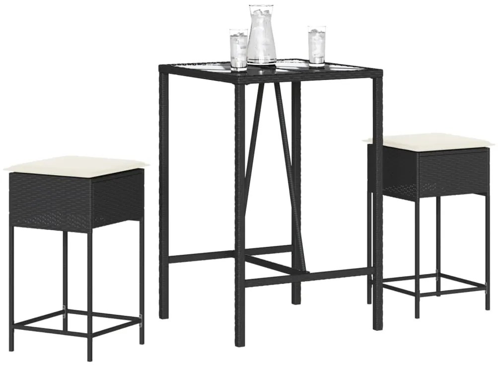 vidaXL 3 pcs conjunto de bar para jardim c/ almofadões vime PE preto