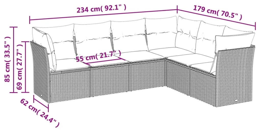 6 pcs conjunto sofás de jardim c/ almofadões vime PE preto