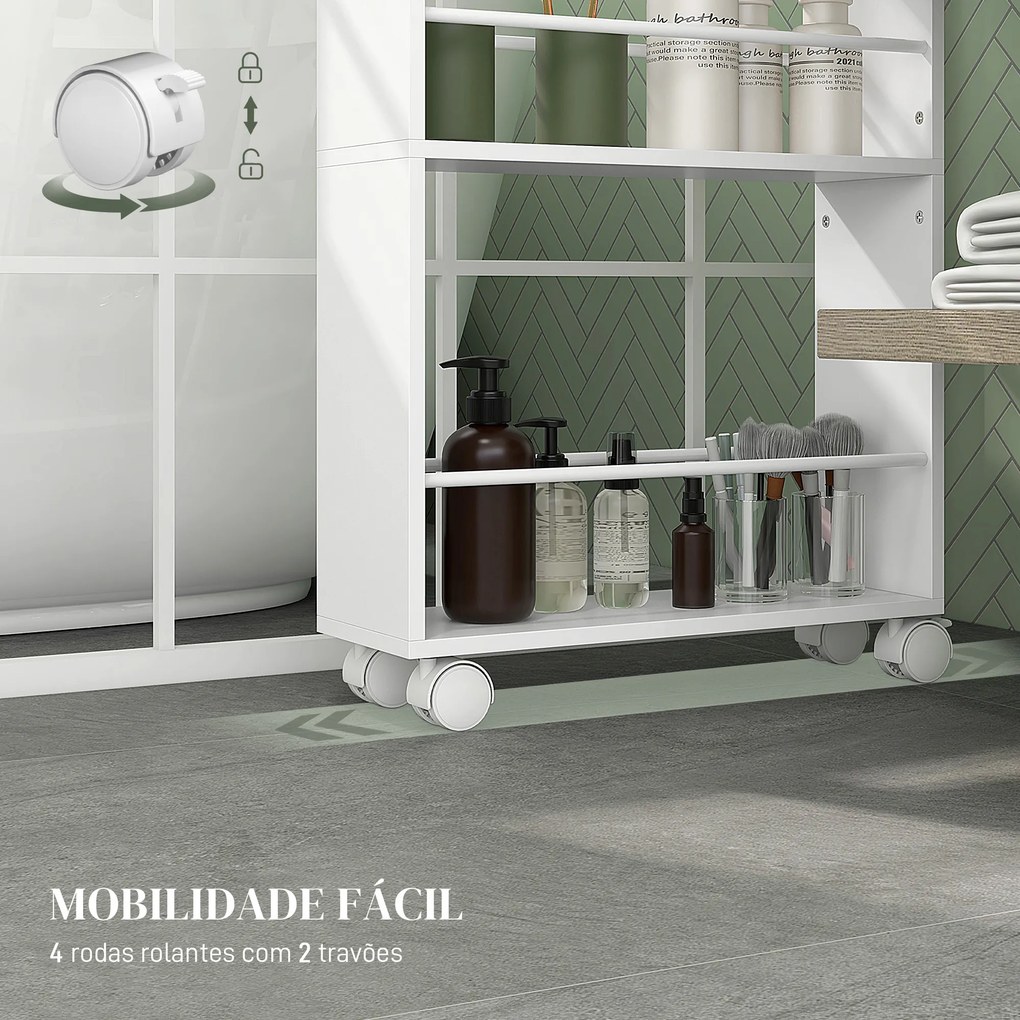 Carrinho Auxiliar com rodas 3 prateleiras com Barras Laterais e Alças para Banheiro cozinha 45x15x80 cm Branco