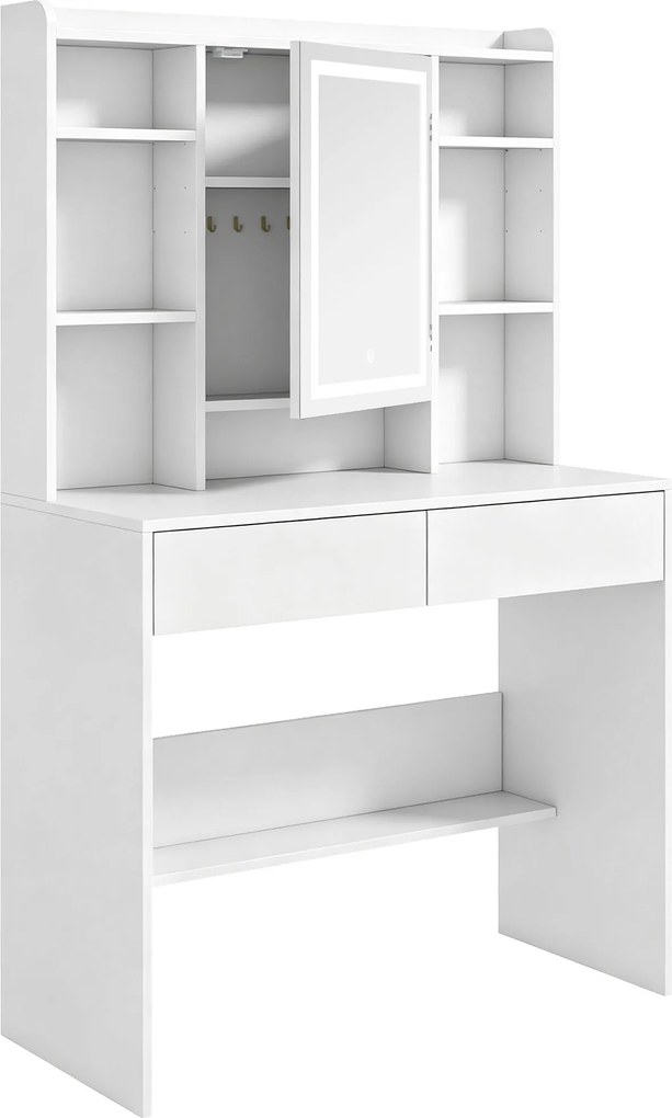 HOMCOM Penteadeira com Espelho e Iluminação LED, Mesa de Maquilhagem com 2 Gavetas, Nichos Abertos e 8 Ganchos, Branco | Aosom Portugal
