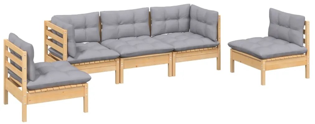 5 pcs conjunto lounge de jardim + almofadões cinza pinho maciço