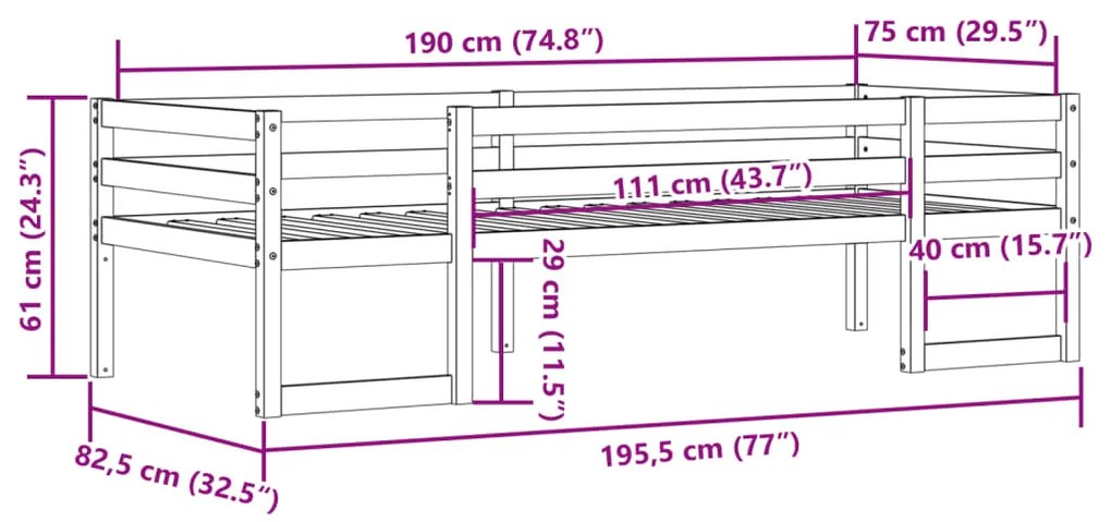 Estrutura de cama infantil 75x190 cm pinho maciço branco