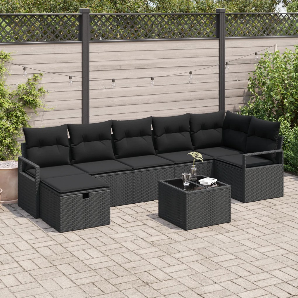 Conjunto de Sofá de Jardim de 8 Peças com Almofadas de Rattan Preto Po