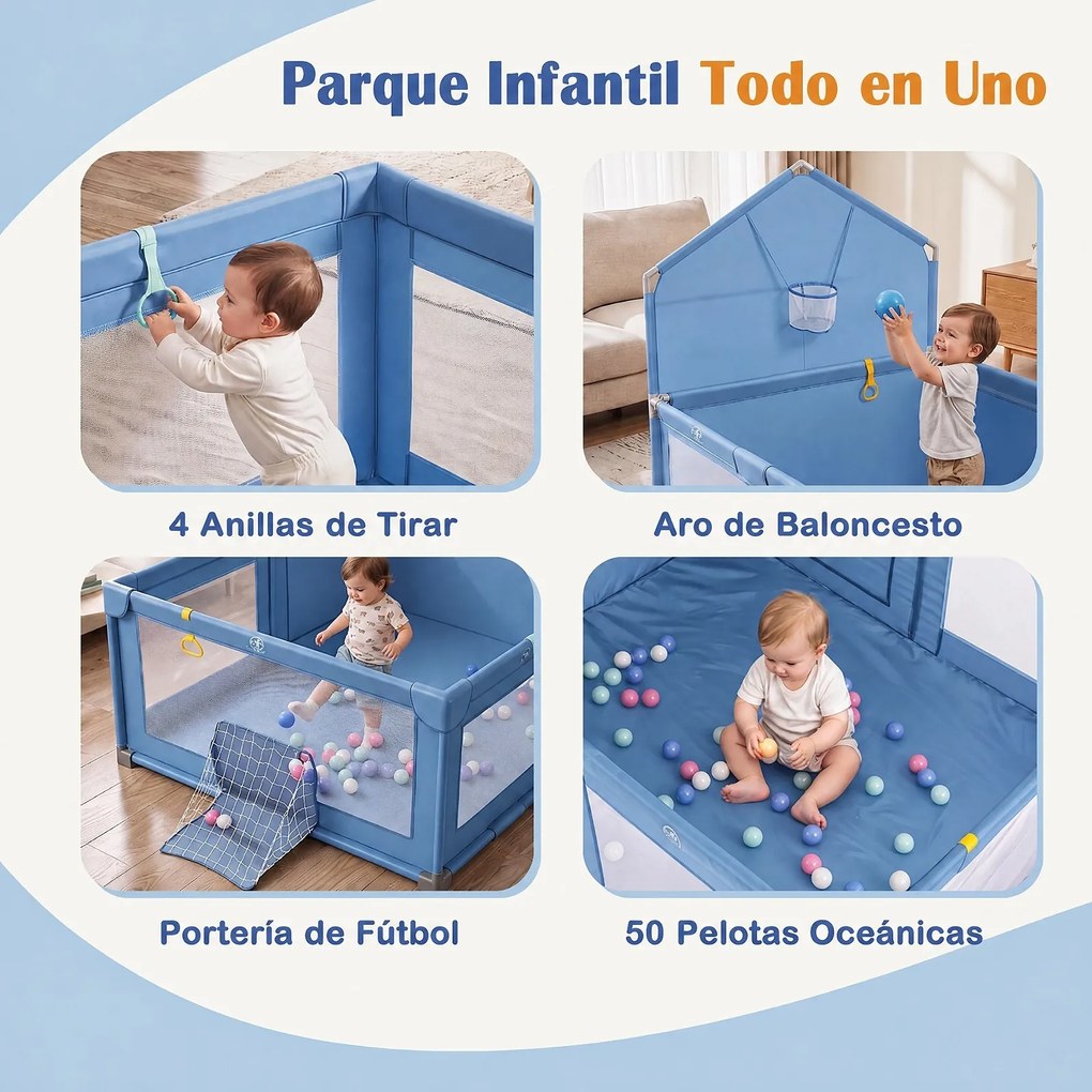 Parque Infantil Dobrável, 223 x 150 x 163 cm, com 50 Bolas e Jogos Multidesportivos, Azul