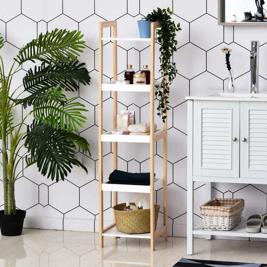 Estante de casa de banho em bambu, modelo vertical, com 3 cestos + 2 prateleiras, 32 x 30 x 130 cm, bege e branco