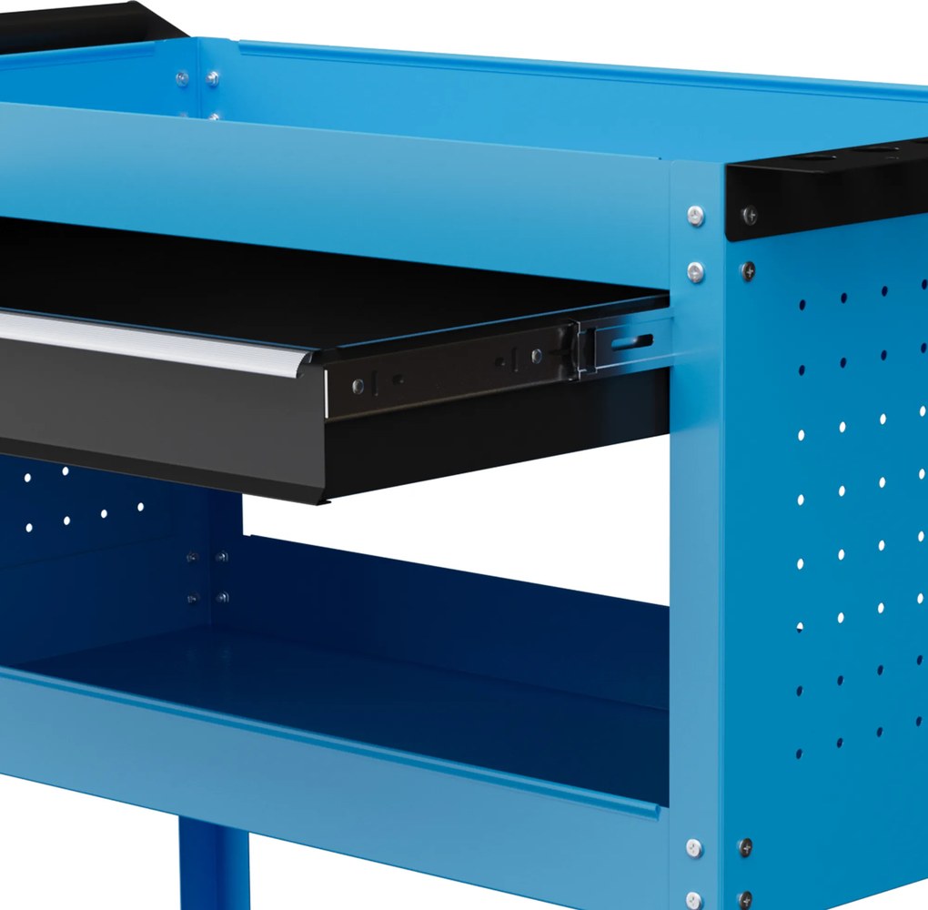 Carrinho de Ferramentas com 3 Bandejas e Gaveta Rodas com Travões Pega Lateral Painel Lateral Perfurado 82x35x76 cm Azul