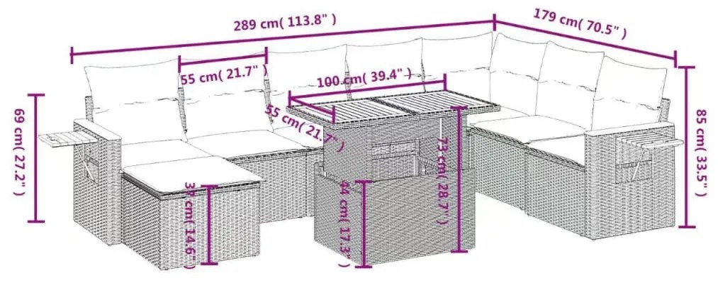 9 pcs conjunto de sofás p/ jardim c/ almofadões vime PE preto