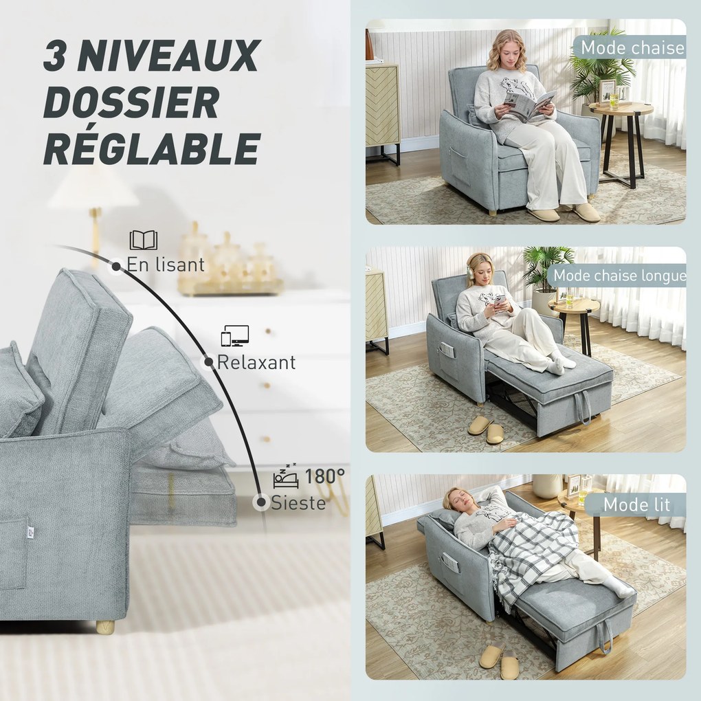 Poltrona convertível de 1 lugar 3 em 1, poltrona-cama clic-clac em tecido chenille, assento largo e encosto ajustável, 88x84x87 cm, cinzento