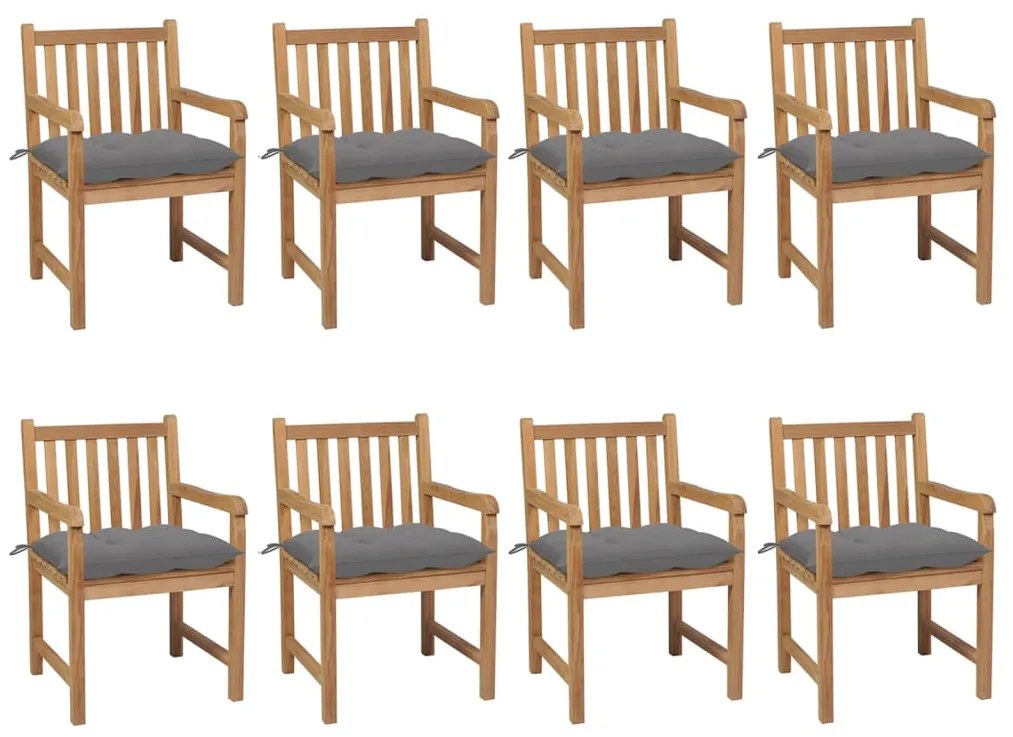 vidaXL Cadeiras de jardim c/ almofadões cinzento 8 pcs teca maciça