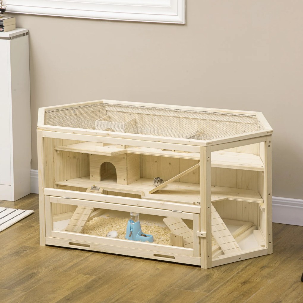 Gaiola para hamsters com 3 níveis, balancins, janelas, casinhas, tabuleiro deslizante, 115 x 60 x 55 cm, efeito de madeira natural