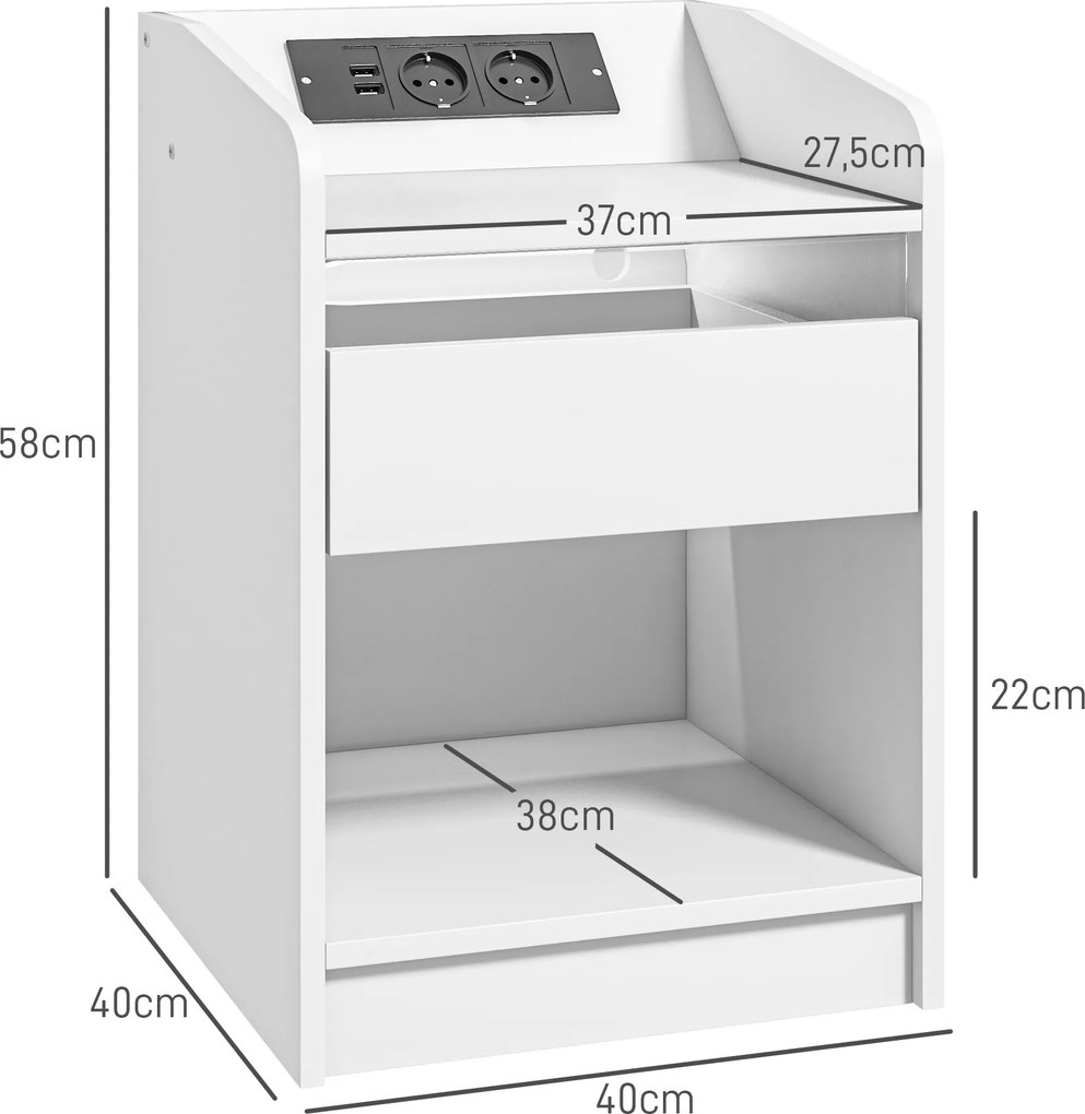 Mesa de Cabeceira com Luzes LED Gaveta Prateleira Estação de Carregamento Entrada USB e Controlo Remoto 40x40x58 cm Branco